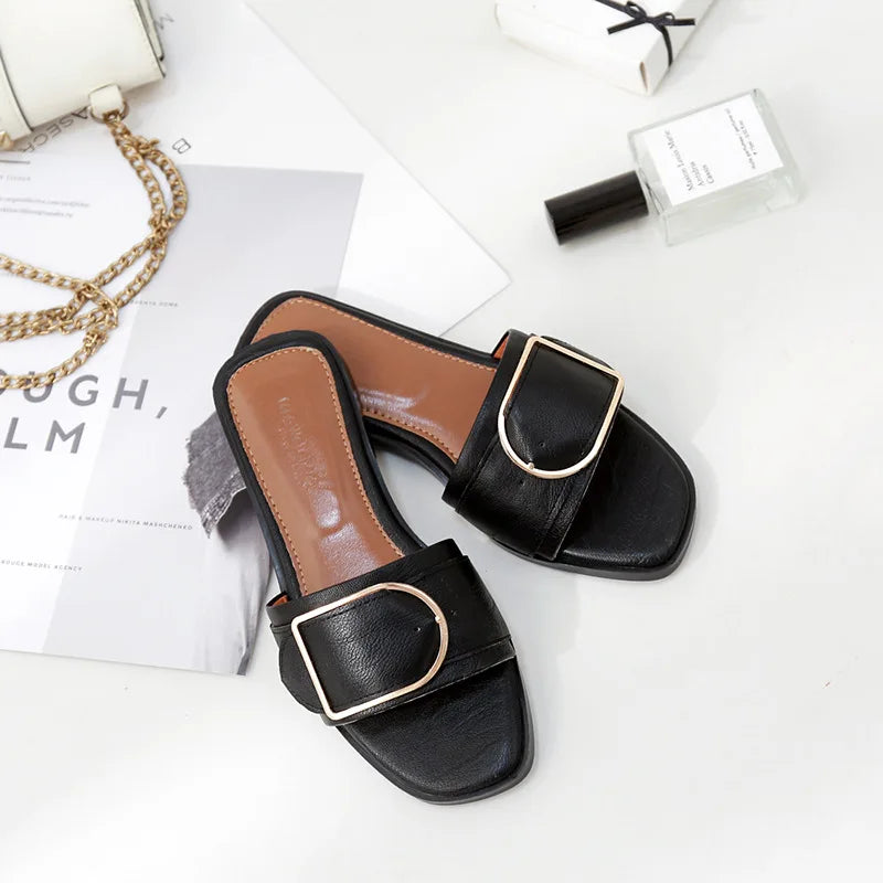 Pantoufles Plates d'Été en Cuir pour Femme, Sandales Carrées, Tongs de Styliste, Chaussures de Luxe