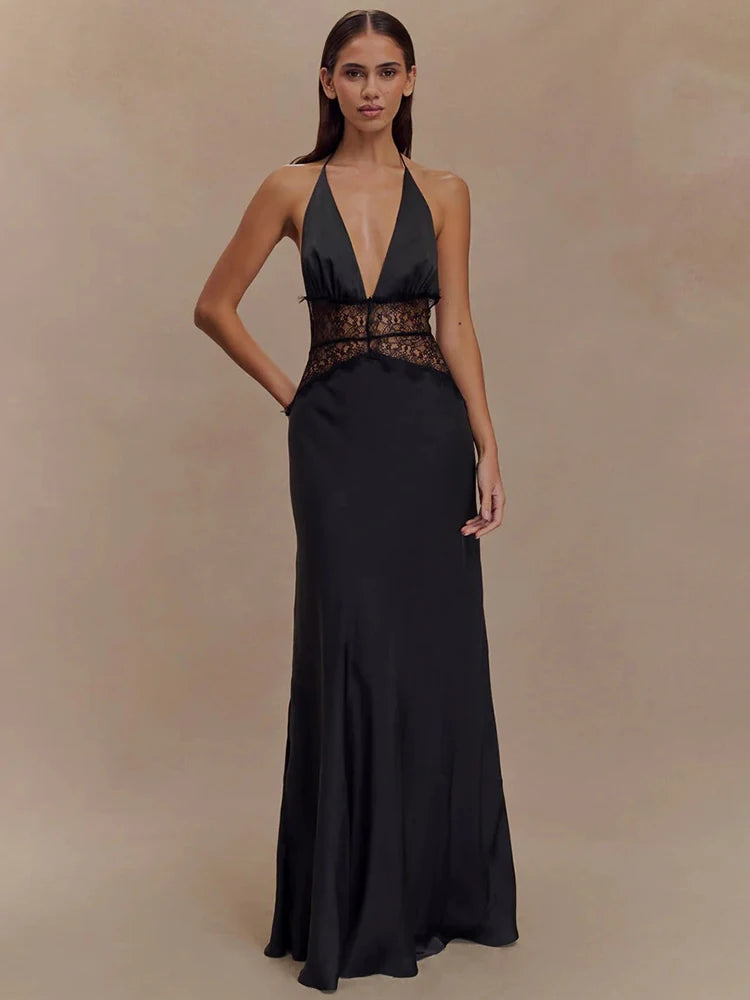Mozision été dos nu Sexy robe Maxi femmes robe Patchwork dentelle licou col en V profond sans manches taille haute élégante robe longue