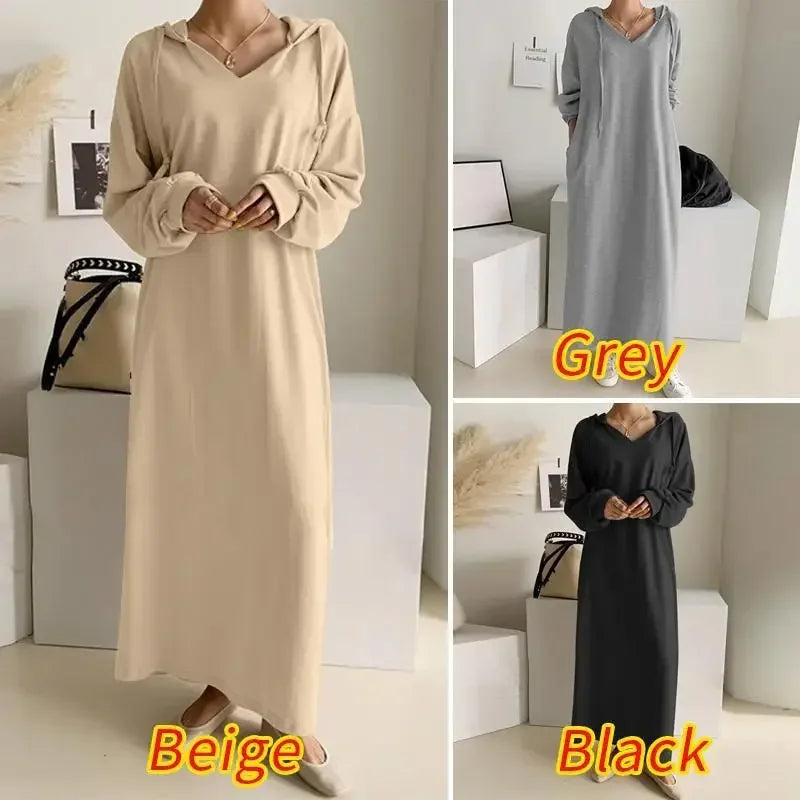 Robe à manches longues pour femmes, col à capuche décontracté, sweats à capuche de proximité, robes élégantes pour femmes de bureau, robe maxi éducative