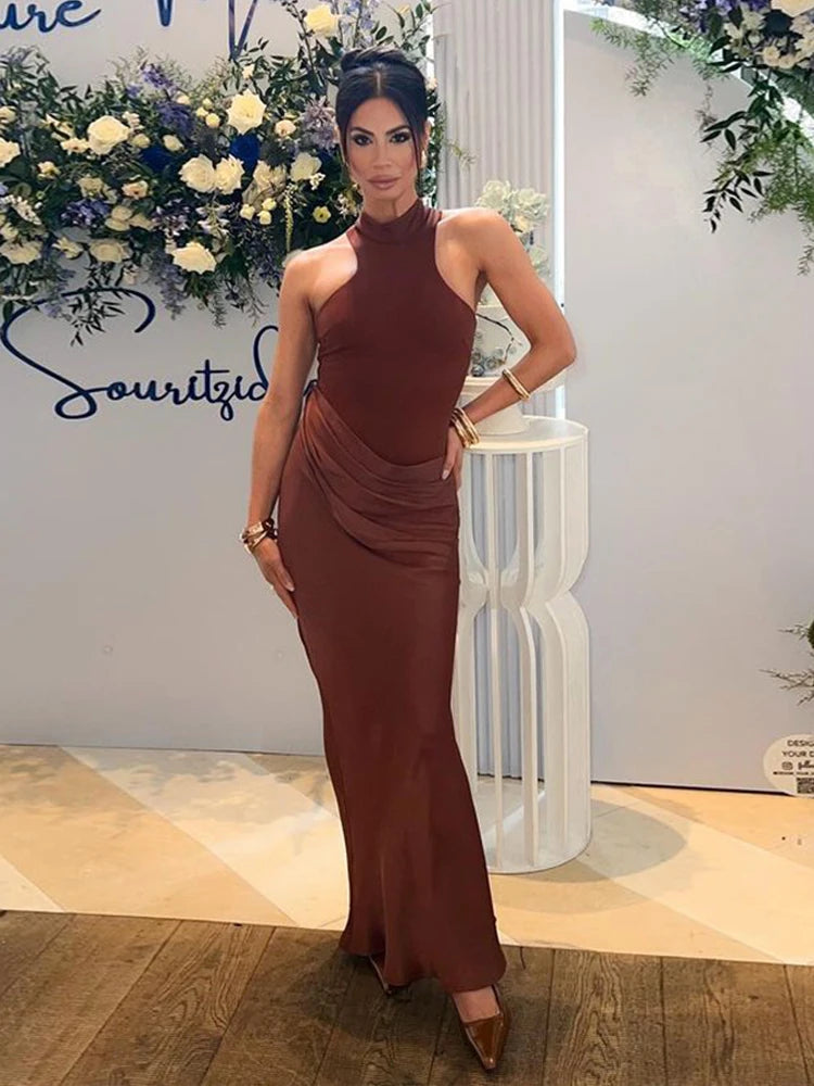 JULISSA MO Satin Sexy évider femmes robe Maxi noir sans manches taille haute robe femme automne maigre élégant fête Clubwear