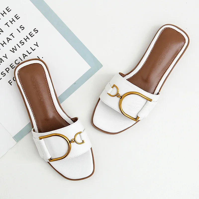 Pantoufles Plates d'Été en Cuir pour Femme, Sandales Carrées, Tongs de Styliste, Chaussures de Luxe