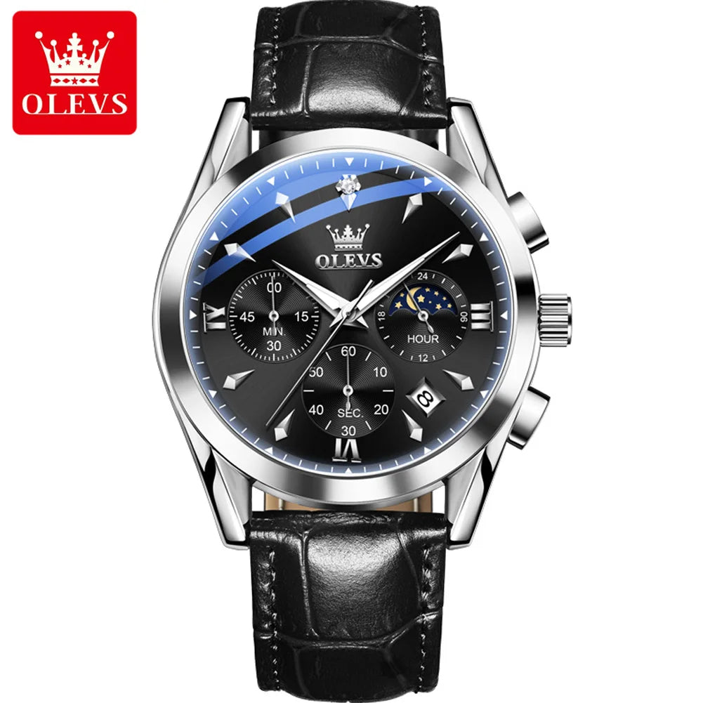 OLEVS 3609 Original Phase de lune chronographe montre pour hommes en cuir étanche lumineux luxe Quartz hommes montres Reloj Mujer