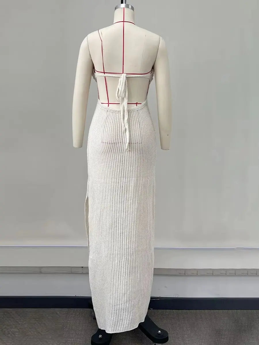 Robe longue en tricot pour femme, style halter, sans manches, au crochet, à découpes, bandeau, pour soirée d'été