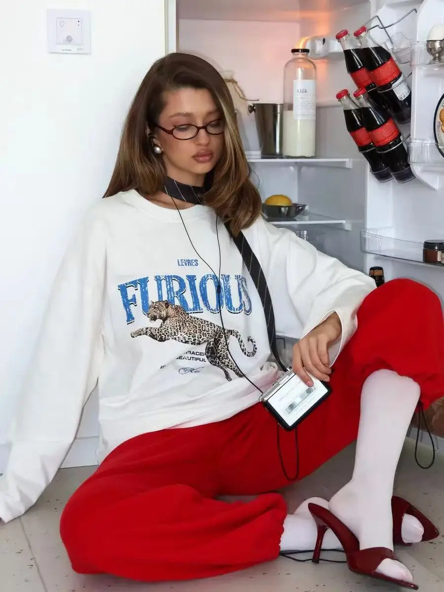 T-shirt Oversize Imprimé Léopard Féroce Femme Manches Longues Style Rétro Américain Décontracté Col Rond Streetwear 2026