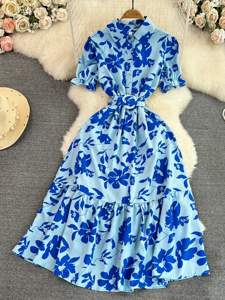 Robe midi rétro à col bulle, coupe ajustée, imprimé floral, manches courtes, style coréen, taille haute, pour femme, idéale pour le quotidien