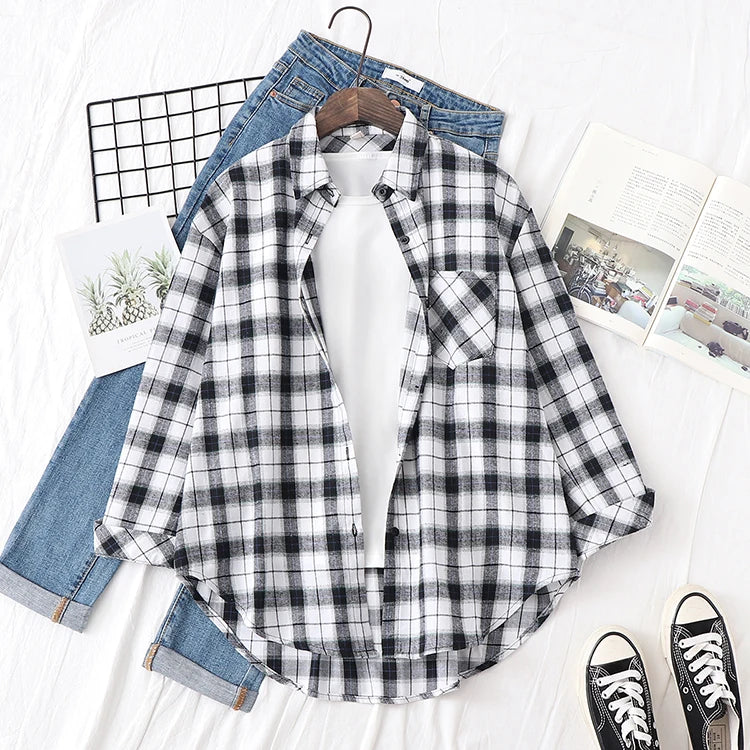 2025 nouvelle mode lâche femmes chemise à carreaux frais collège Style Design Blouses et hauts à manches longues décontracté femme à carreaux vêtements