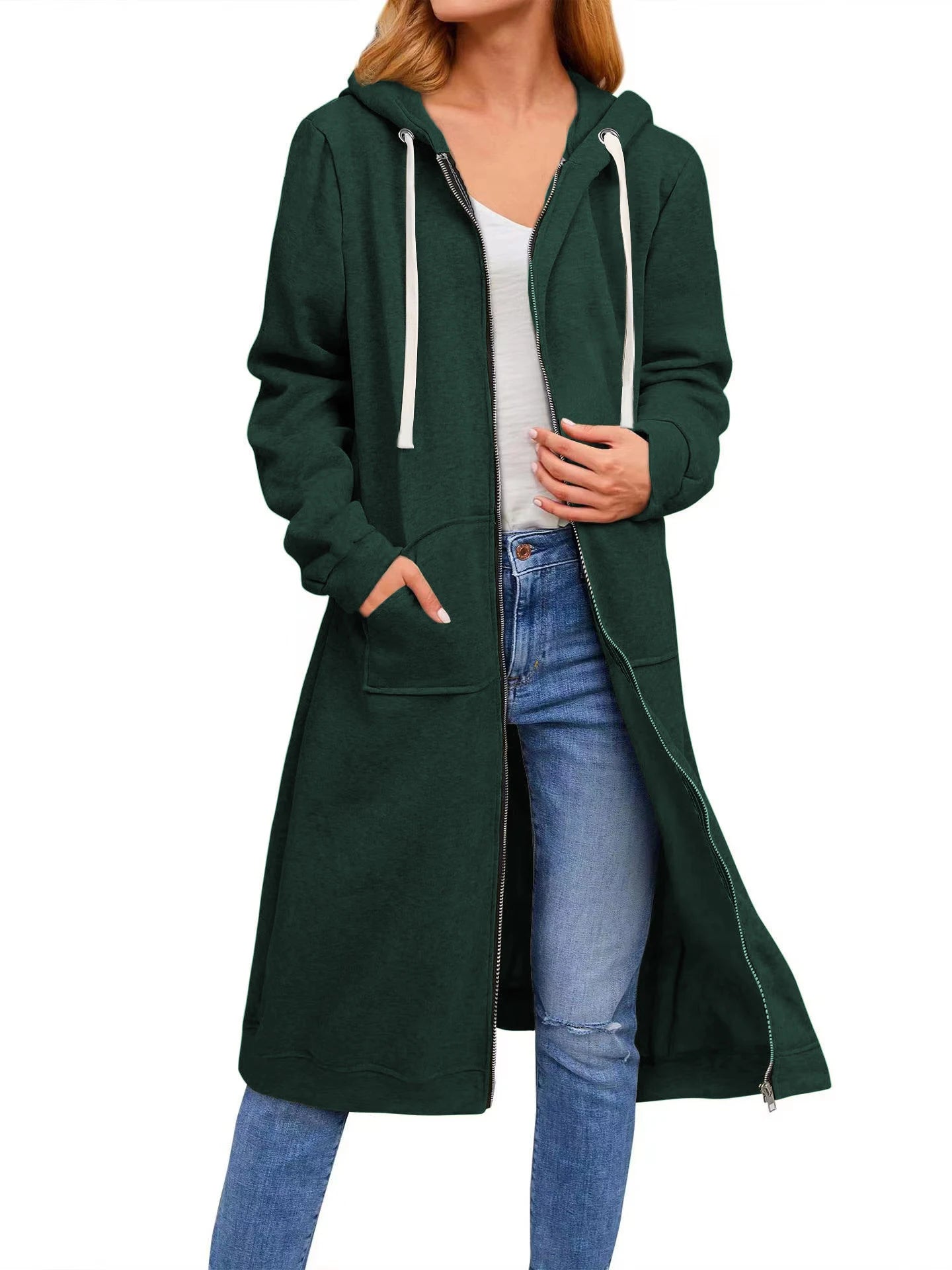 Sweat à capuche grande taille pour femmes, décontracté, fermeture éclair complète, confortable, longs, à la mode, avec poches