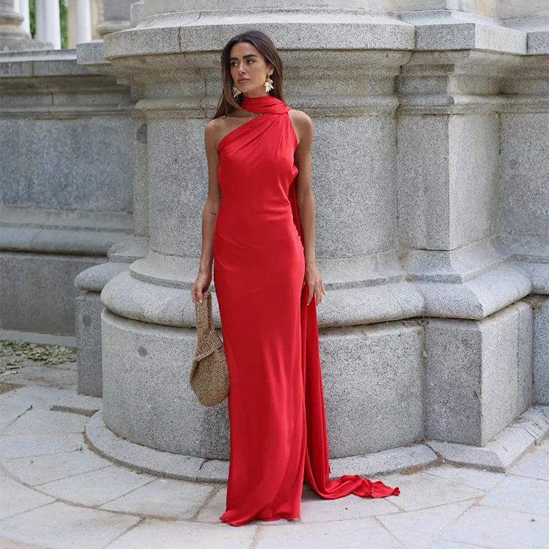 Robe élégante à col licou pour femmes, couleur unie, épaules dénudées, sans manches, dos nu, Slim, Maxi, Robes de soirée, été, automne, 2025
