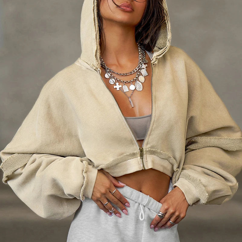 Sweat-shirt à capuche en coton pour femmes, couleur unie, rétro, court, haut court, veste à capuche, sport Cool, fermeture éclair, manches longues, Streetwear