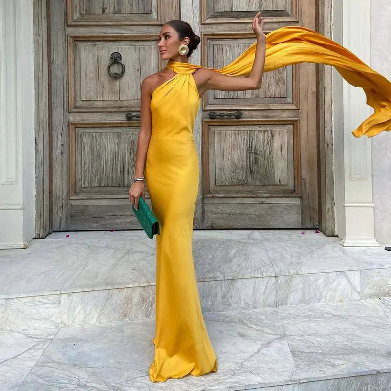 Robe élégante à col licou pour femmes, couleur unie, épaules dénudées, sans manches, dos nu, Slim, Maxi, Robes de soirée, été, automne, 2025