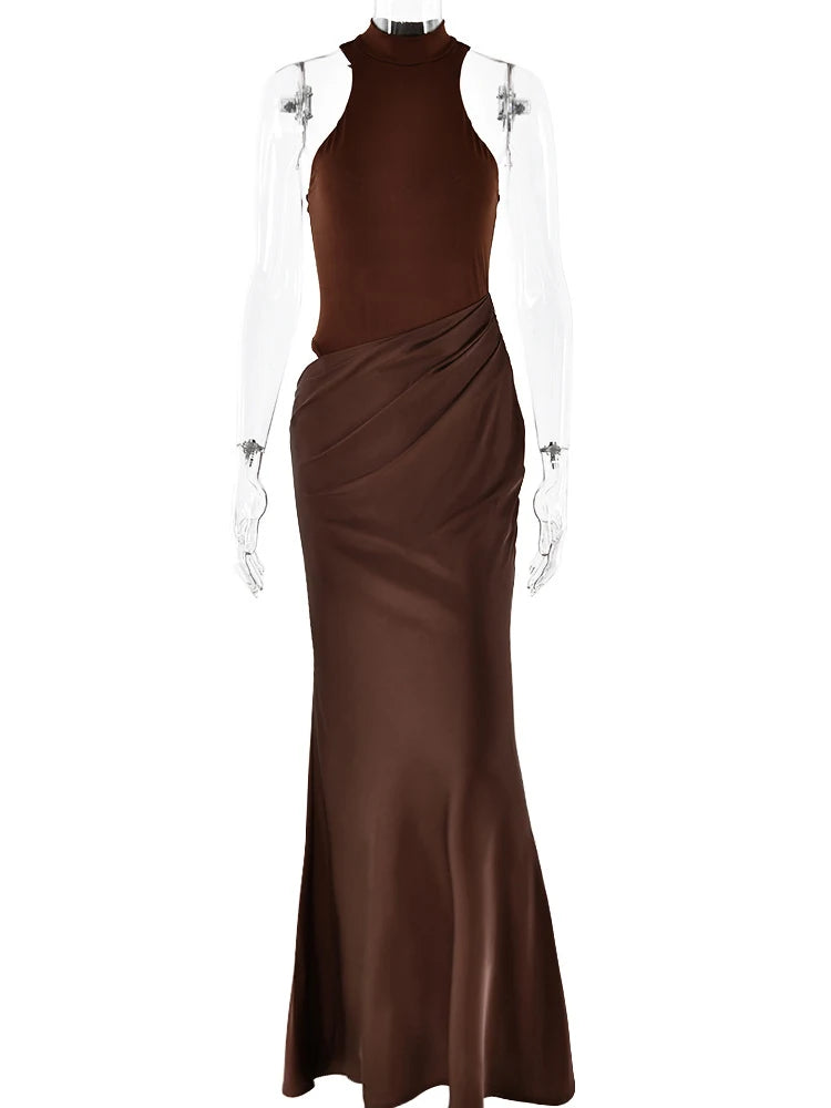JULISSA MO Satin Sexy évider femmes robe Maxi noir sans manches taille haute robe femme automne maigre élégant fête Clubwear