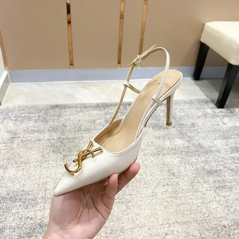 Baotou – sandales à talons aiguilles blanches élégantes pour femmes, sandales d'été à la mode avec boucle en métal, Design à dos pointu, nouvelles chaussures pour dames 2025