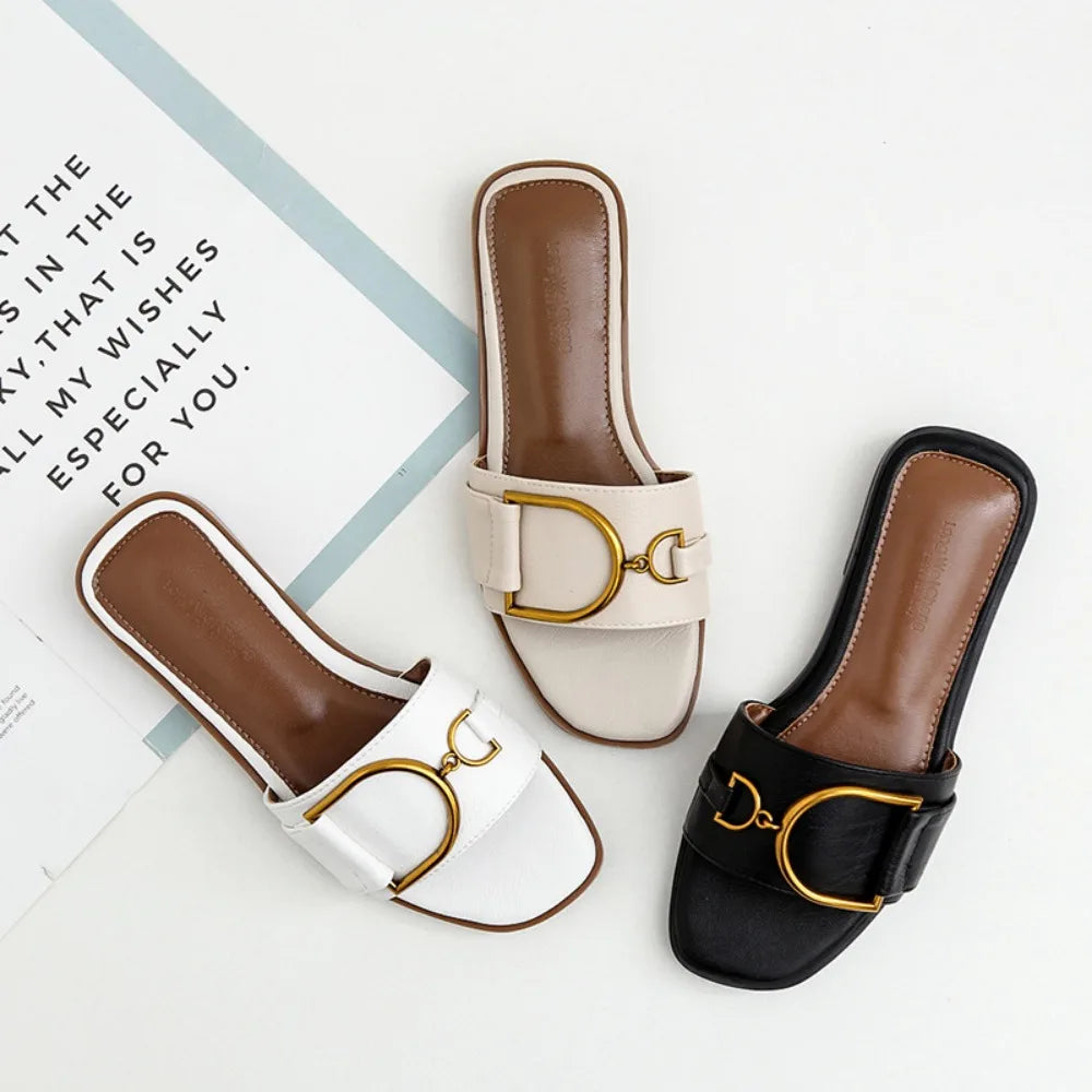 Pantoufles Plates d'Été en Cuir pour Femme, Sandales Carrées, Tongs de Styliste, Chaussures de Luxe