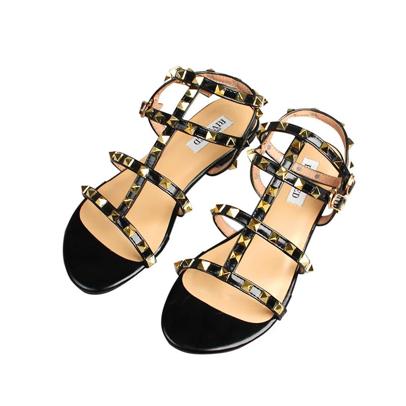 Sandales d'été pour femmes, chaussures plates décontractées pour dames, style simple, design rivet à la mode, pour la marche et le shopping, grande taille 41-43