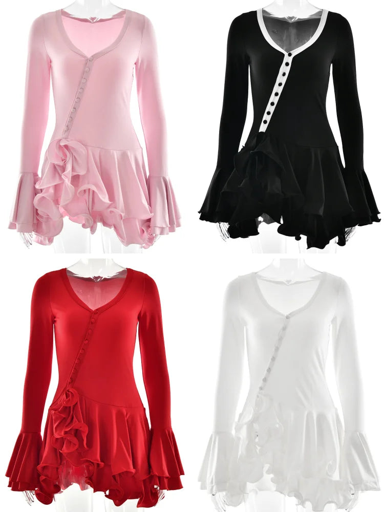 Absobe Mini robe moulante trapèze pour femme, ourlet à volants, col en V, boutons asymétriques, manches longues, robe courte, tenues de fête streetwear