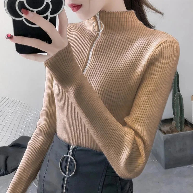 Tricoté femmes fermeture éclair demi col haut Pull pulls automne hiver basique femmes chandails mince solide tricots Pull Femme hauts