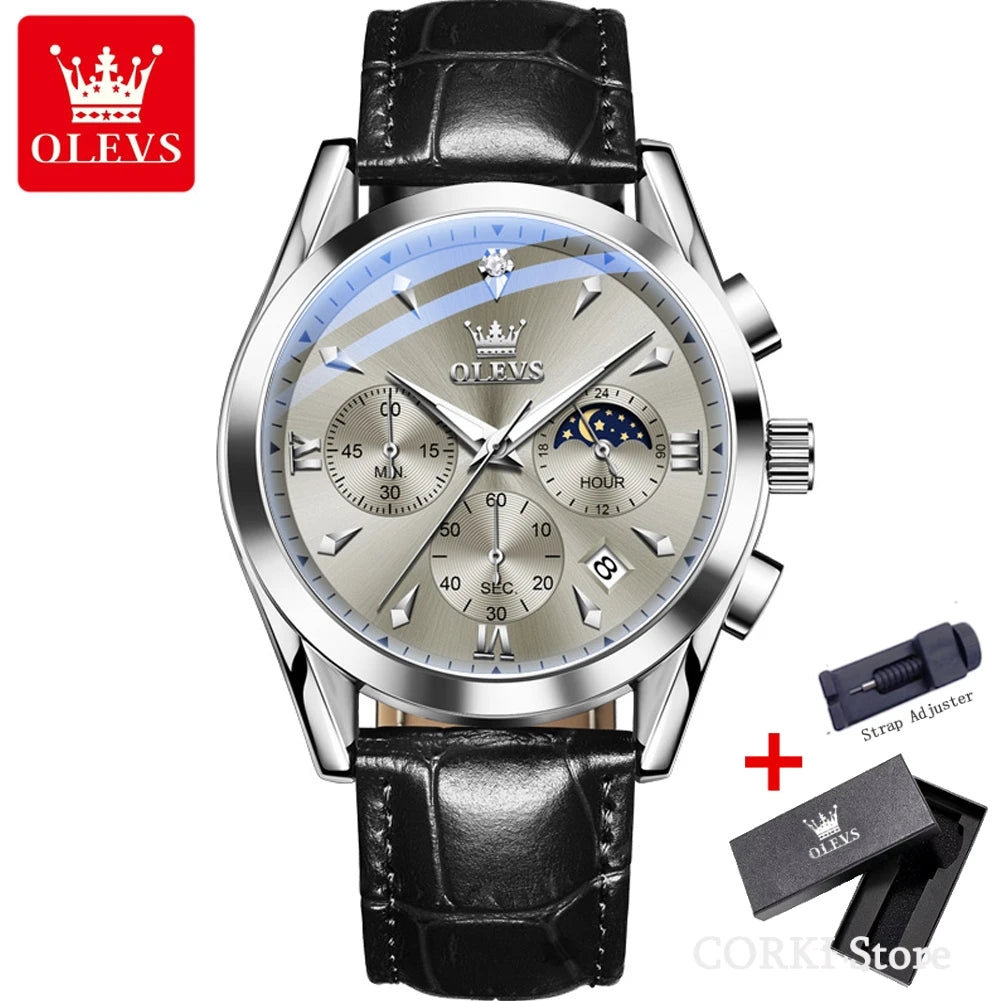 OLEVS 3609 Original Phase de lune chronographe montre pour hommes en cuir étanche lumineux luxe Quartz hommes montres Reloj Mujer