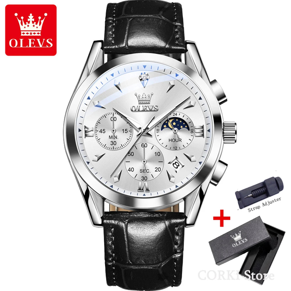 OLEVS 3609 Original Phase de lune chronographe montre pour hommes en cuir étanche lumineux luxe Quartz hommes montres Reloj Mujer