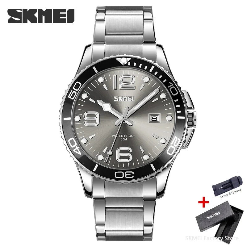 SKMEI 9278 luxe en acier inoxydable heure semaine Date horloge montre à Quartz pour hommes Sport étanche montres hommes Reloj Hombre