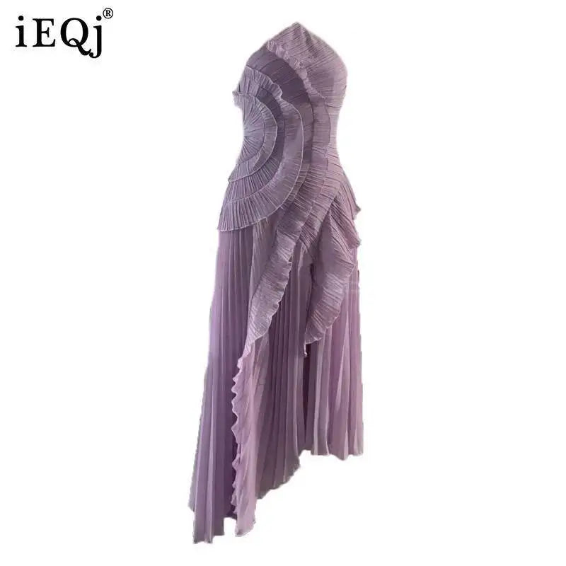 IEQJ mode plis robe irrégulière femmes licou sans manches à plusieurs niveaux robes décontractées 2025 été nouvelle marée 3QW1045