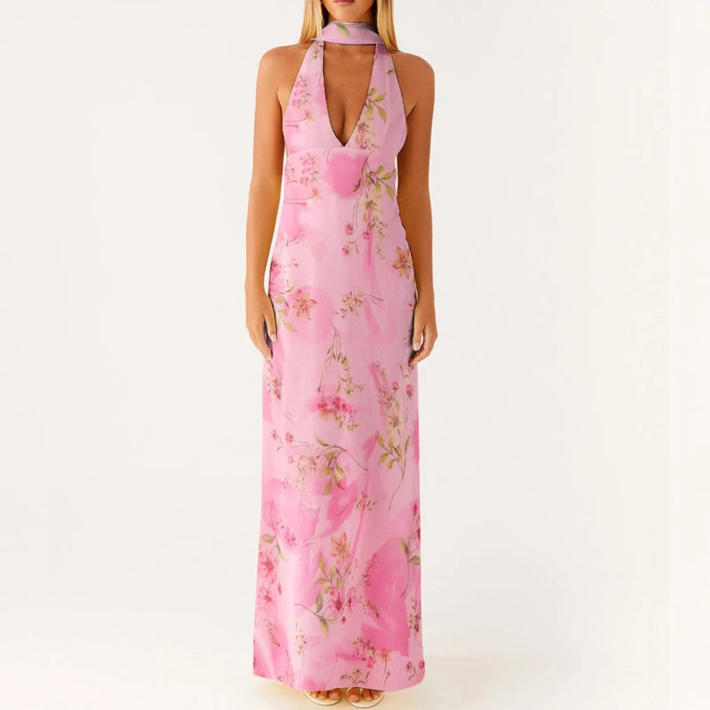 Maemukilabe Robe longue sexy sans manches, coupe basse, imprimée, style Boho, col licou, coupe cintrée, fluide, dos nu, floral, vêtements de plage d'été
