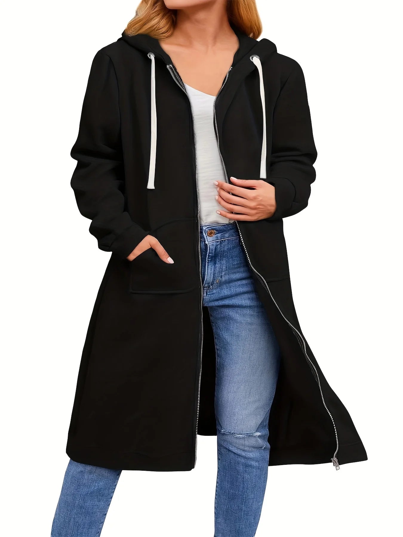Sweat à capuche grande taille pour femmes, décontracté, fermeture éclair complète, confortable, longs, à la mode, avec poches