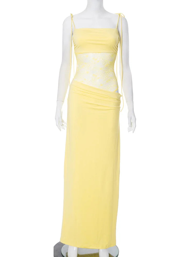 Robe Maxi élégante en dentelle découpée pour femmes, Sexy, bretelles Spaghetti, Patchwork, robe de soirée, dos nu, été, 2025