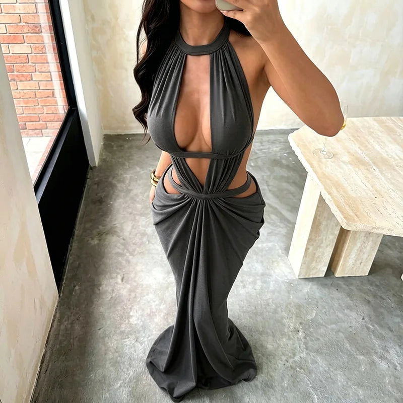 Robe longue de soirée élégante kaki, style licou, à découpes, drapée, dos très ouvert, sans taille, sans manches, pour soirée et bal de promo