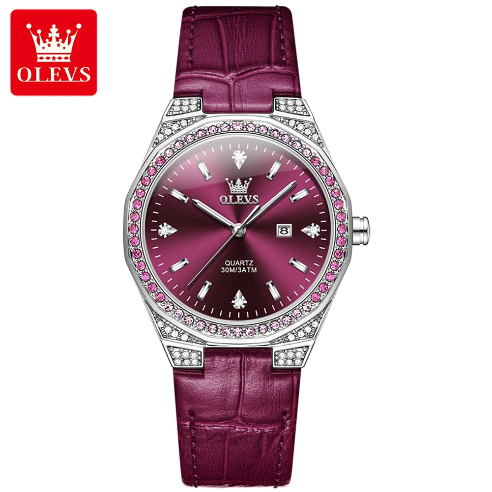 OLEVS 5606 montres de luxe pour femmes diamant tour bracelet en cuir étanche lumineux dames montre-bracelet montre à Quartz pour les femmes Relogio