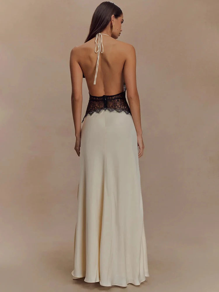 Mozision été dos nu Sexy robe Maxi femmes robe Patchwork dentelle licou col en V profond sans manches taille haute élégante robe longue