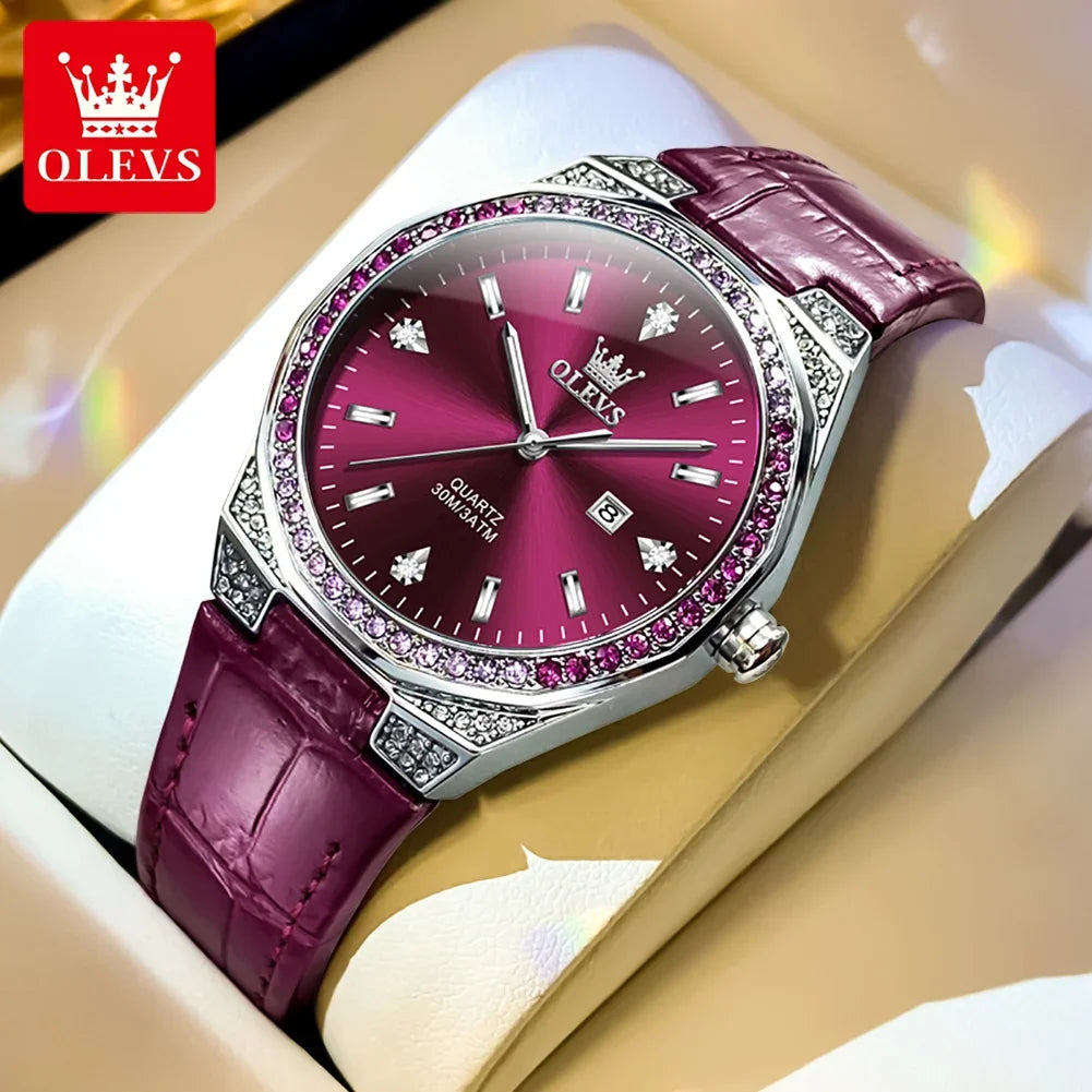 OLEVS 5606 montres de luxe pour femmes diamant tour bracelet en cuir étanche lumineux dames montre-bracelet montre à Quartz pour les femmes Relogio