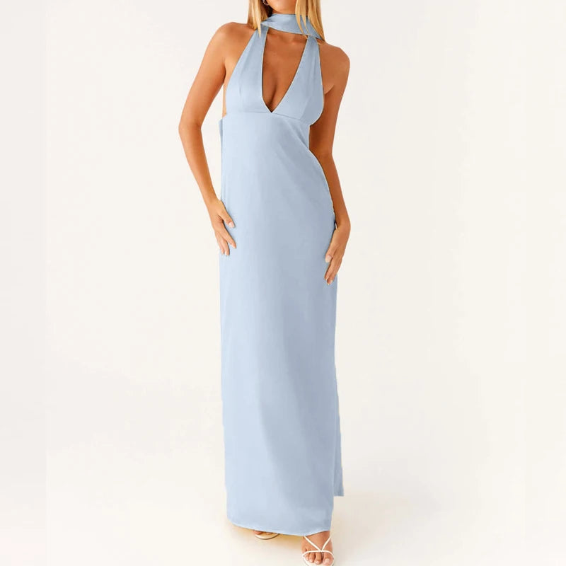 Maemukilabe Robe longue sexy sans manches, coupe basse, imprimée, style Boho, col licou, coupe cintrée, fluide, dos nu, floral, vêtements de plage d'été