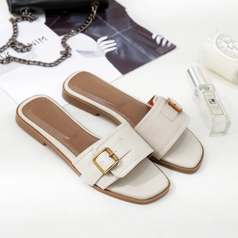 Pantoufles Plates d'Été en Cuir pour Femme, Sandales Carrées, Tongs de Styliste, Chaussures de Luxe