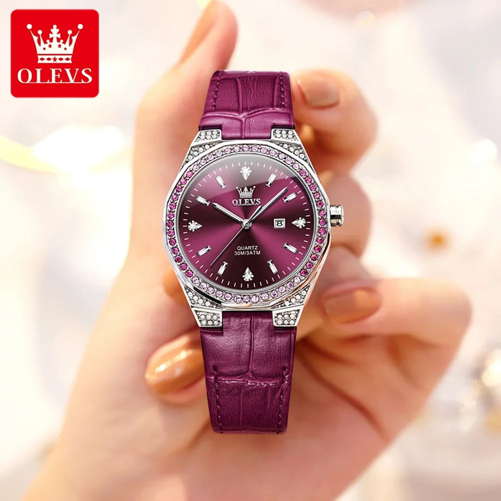 OLEVS 5606 montres de luxe pour femmes diamant tour bracelet en cuir étanche lumineux dames montre-bracelet montre à Quartz pour les femmes Relogio