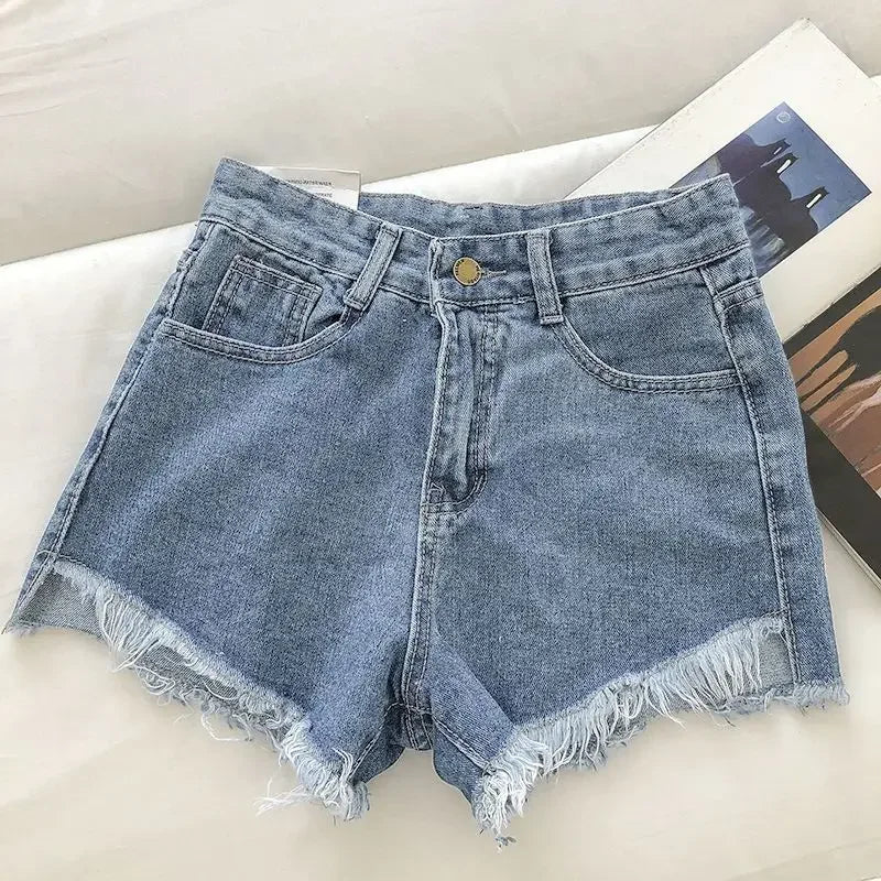2025 nouveau été femmes haute Wiast ourlet brut Denim Shorts solide blanc noir bleu coréen jambe large pantalon Mon Shorts Jean Shorts