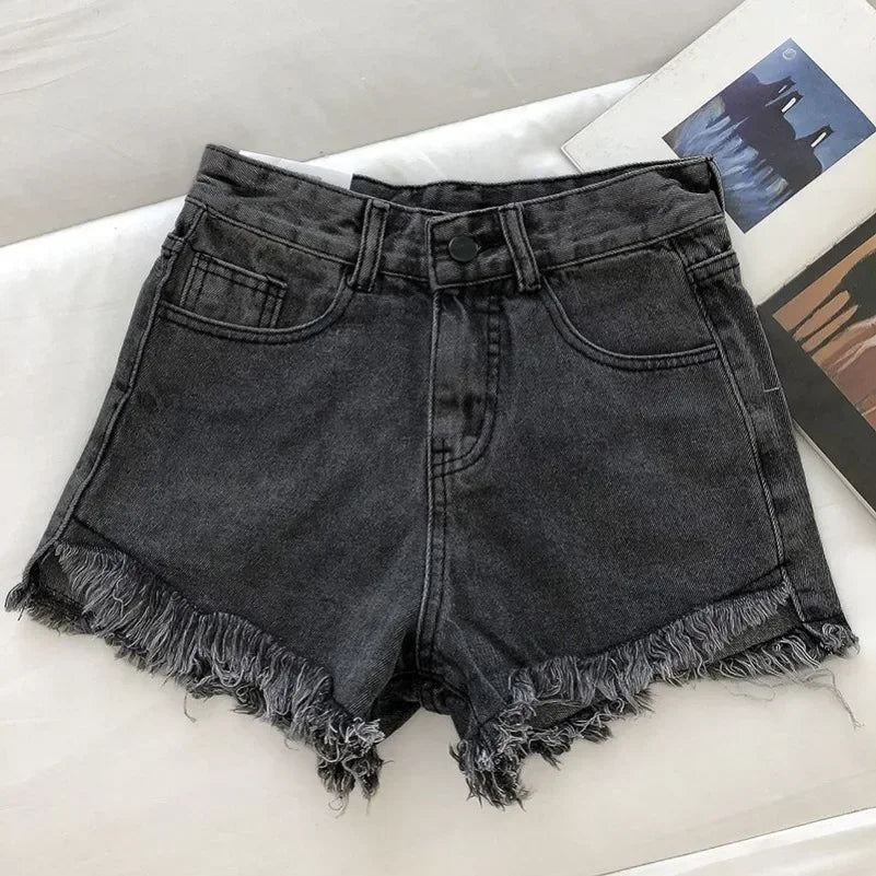 2025 nouveau été femmes haute Wiast ourlet brut Denim Shorts solide blanc noir bleu coréen jambe large pantalon Mon Shorts Jean Shorts
