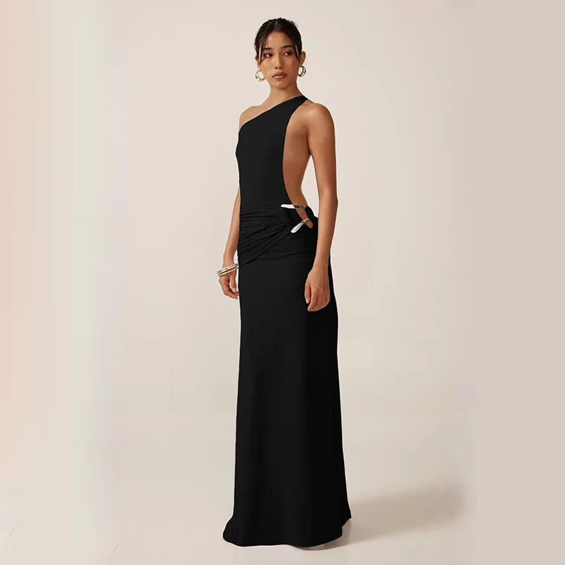 DSMTRC – Robe longue à bandes, asymétrique épaule dénudée, couleur unie, Sexy, pour femmes, fête d'été, sans manches, dos nu, anneaux métalliques