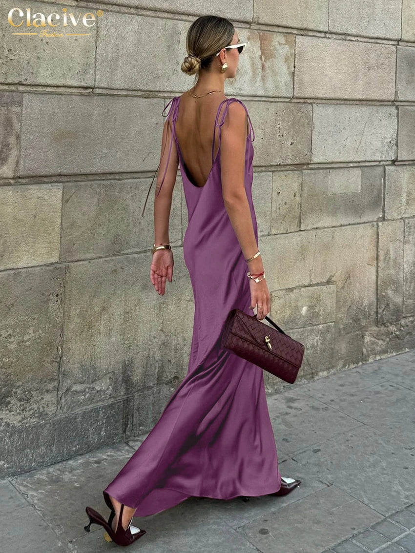 ClacMarkets-Robe en satin marron pour femme, bretelles, longueur au sol, sexy, dos nu, été 2025