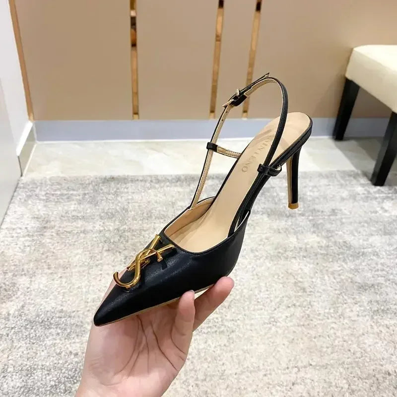 Baotou – sandales à talons aiguilles blanches élégantes pour femmes, sandales d'été à la mode avec boucle en métal, Design à dos pointu, nouvelles chaussures pour dames 2025