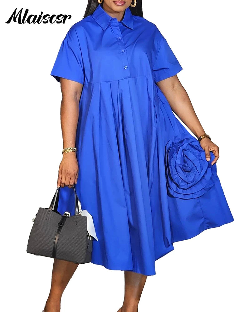 Mlaiscsr mode bureau 3D chemise florale Robe femmes à manches courtes revers épissé chemise plissée robes 2025 été Robe africaine
