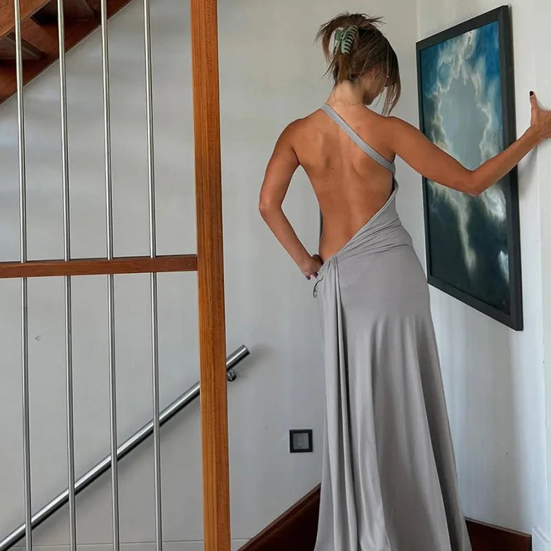 DSMTRC – Robe longue à bandes, asymétrique épaule dénudée, couleur unie, Sexy, pour femmes, fête d'été, sans manches, dos nu, anneaux métalliques