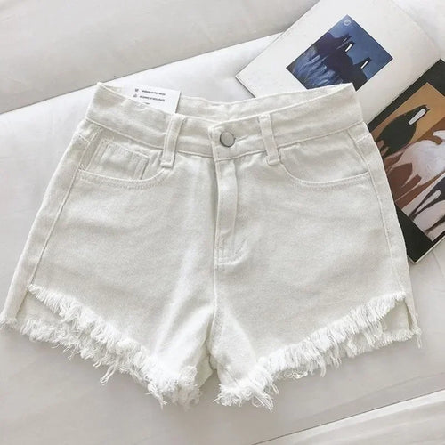 2025 nouveau été femmes haute Wiast ourlet brut Denim Shorts solide blanc noir bleu coréen jambe large pantalon Mon Shorts Jean Shorts