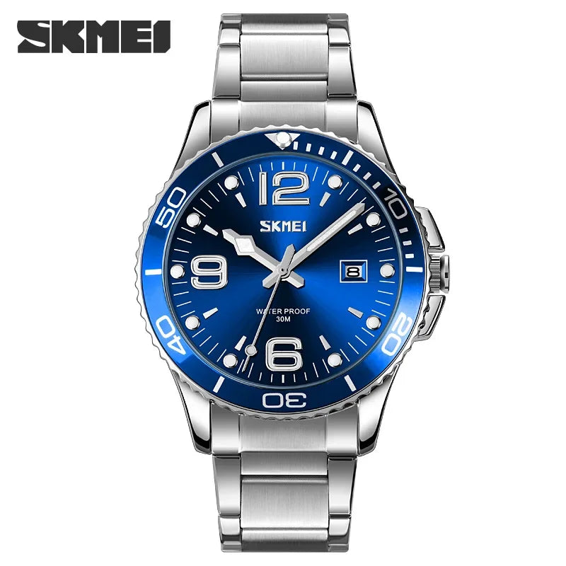 SKMEI 9278 luxe en acier inoxydable heure semaine Date horloge montre à Quartz pour hommes Sport étanche montres hommes Reloj Hombre