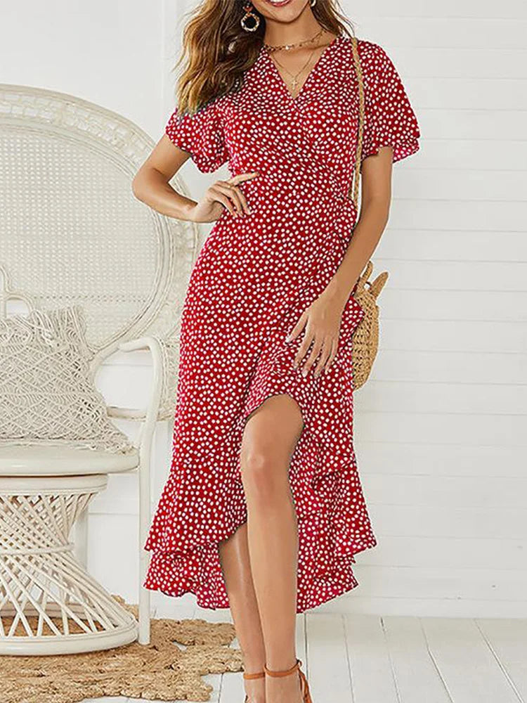Robe longue en mousseline de soie pour femmes, imprimé floral, style boho, volants ronds, décontracté, col en v, fendue, sexy, robe de soirée, été