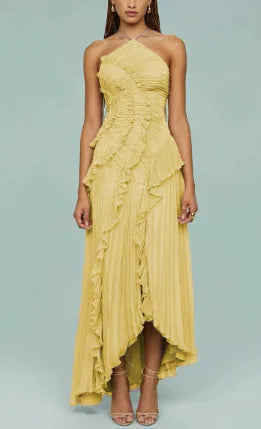 IEQJ mode plis robe irrégulière femmes licou sans manches à plusieurs niveaux robes décontractées 2025 été nouvelle marée 3QW1045