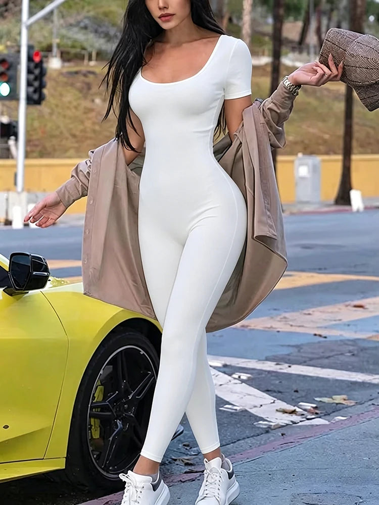 Barboteuse à manches courtes pour femmes, couleur unie, slim, batterie con, combinaisons, sport, fitness, décontracté, activité, streetwear, salopette