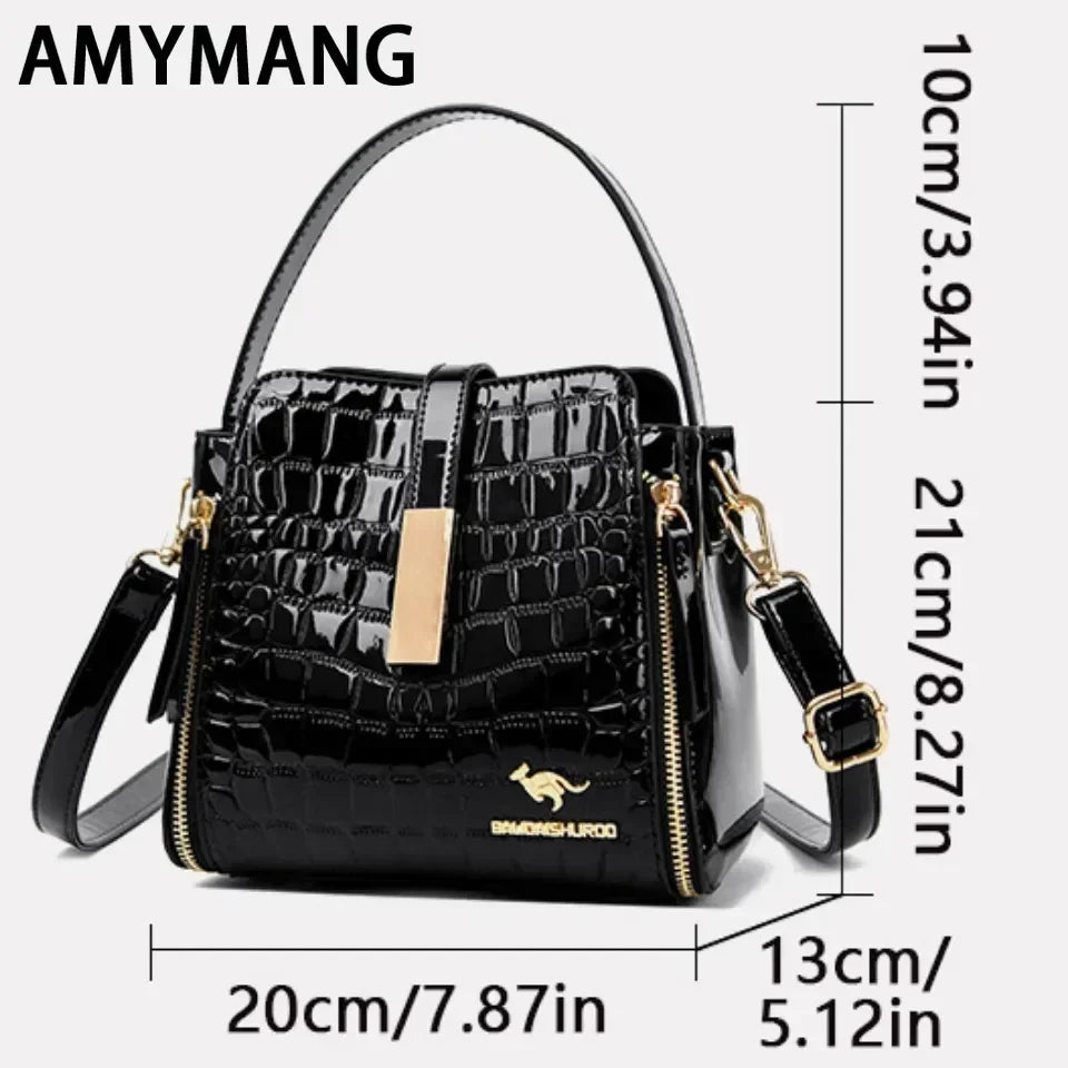 Sac à main en cuir verni pour femmes, sac seau en cuir de haute qualité avec poche intérieure, sac à bandoulière de marque de luxe pour femmes.