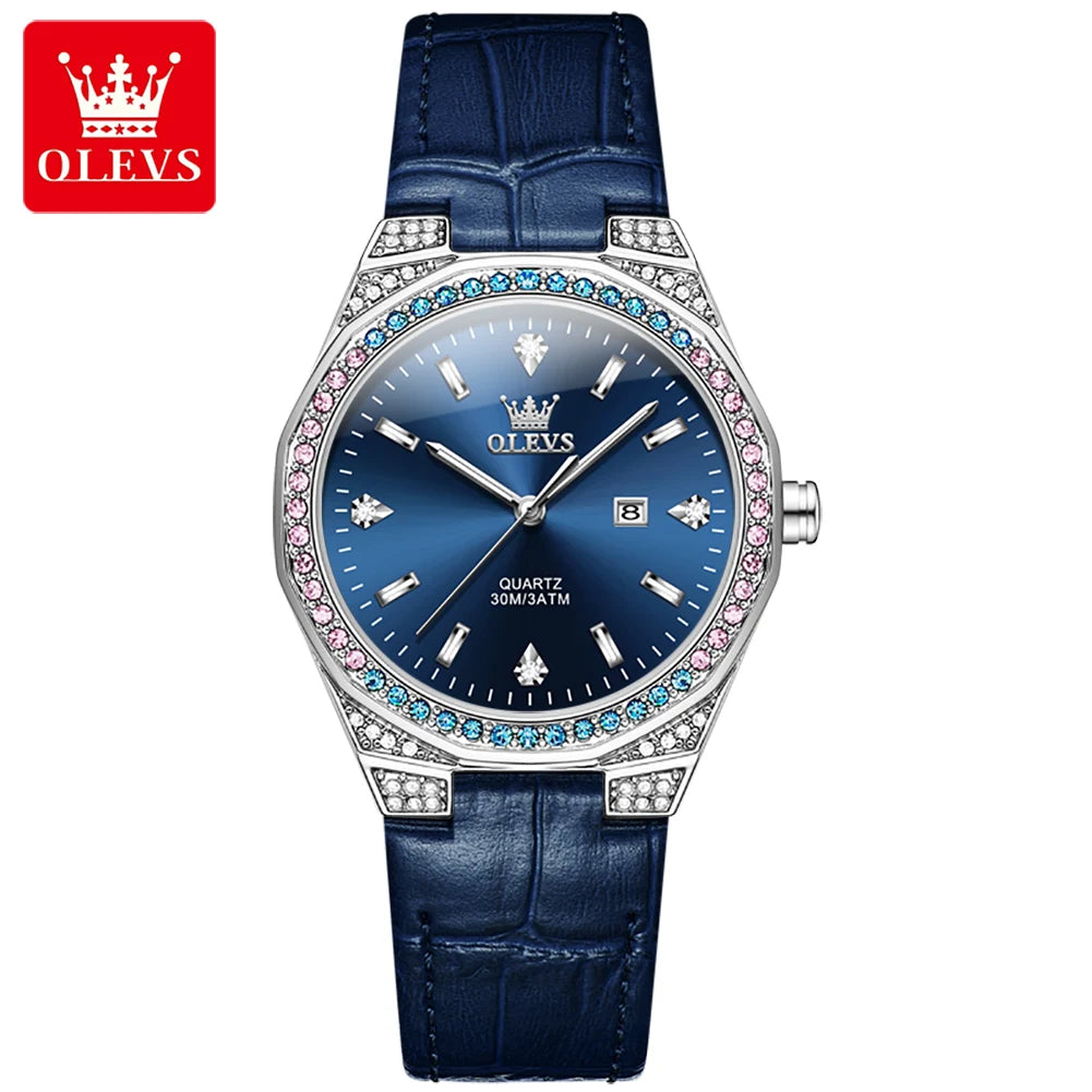 OLEVS 5606 montres de luxe pour femmes diamant tour bracelet en cuir étanche lumineux dames montre-bracelet montre à Quartz pour les femmes Relogio