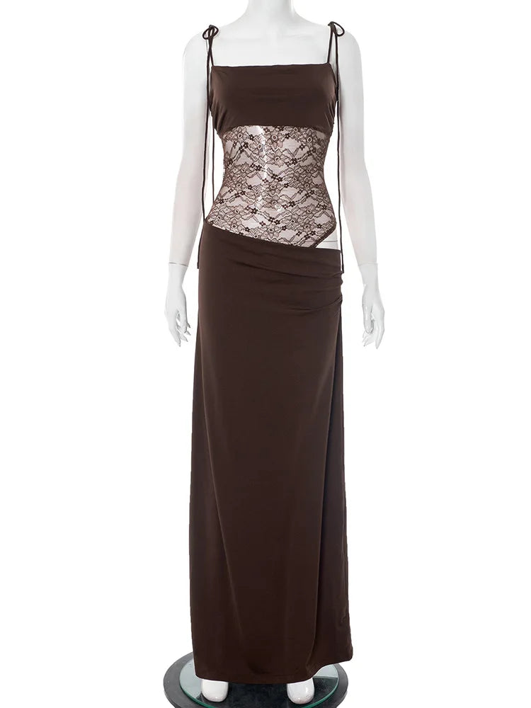 Robe Maxi élégante en dentelle découpée pour femmes, Sexy, bretelles Spaghetti, Patchwork, robe de soirée, dos nu, été, 2025