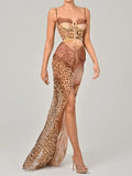 Mozision imprimé léopard dentelle fendu Sexy robe Maxi femmes robe élégante Patchwork en mousseline de soie sans manches dos nu plage robe de soirée